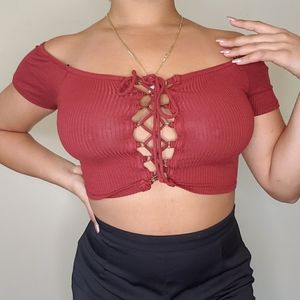 burnt orange lace up crop top